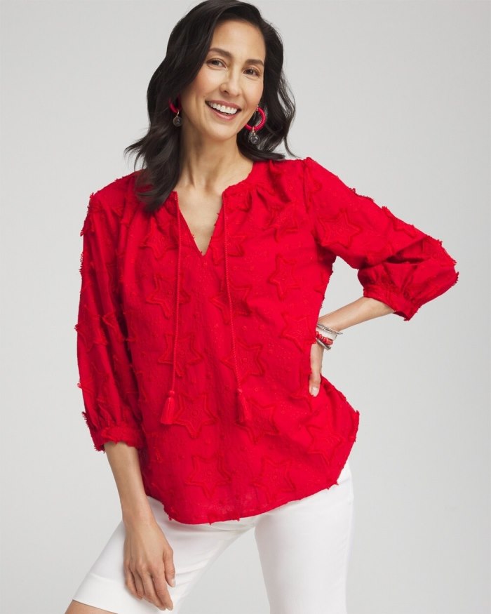 Chicos Embroidered Stars Peasant Top - MADEIRA RED