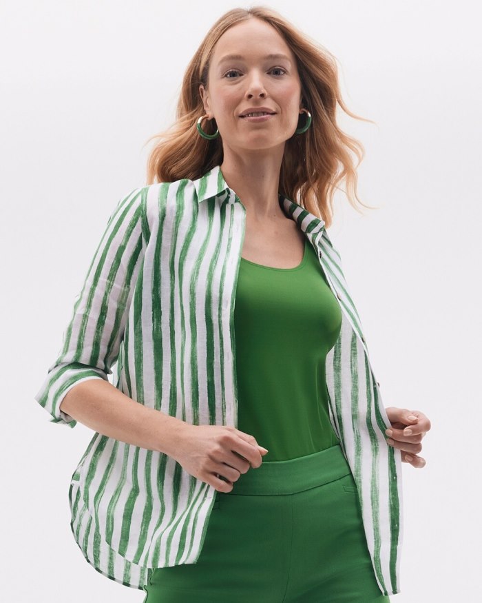 Chicos No Iron Linen Stripe 3/4 Sleeve Shirt - Verdant Green