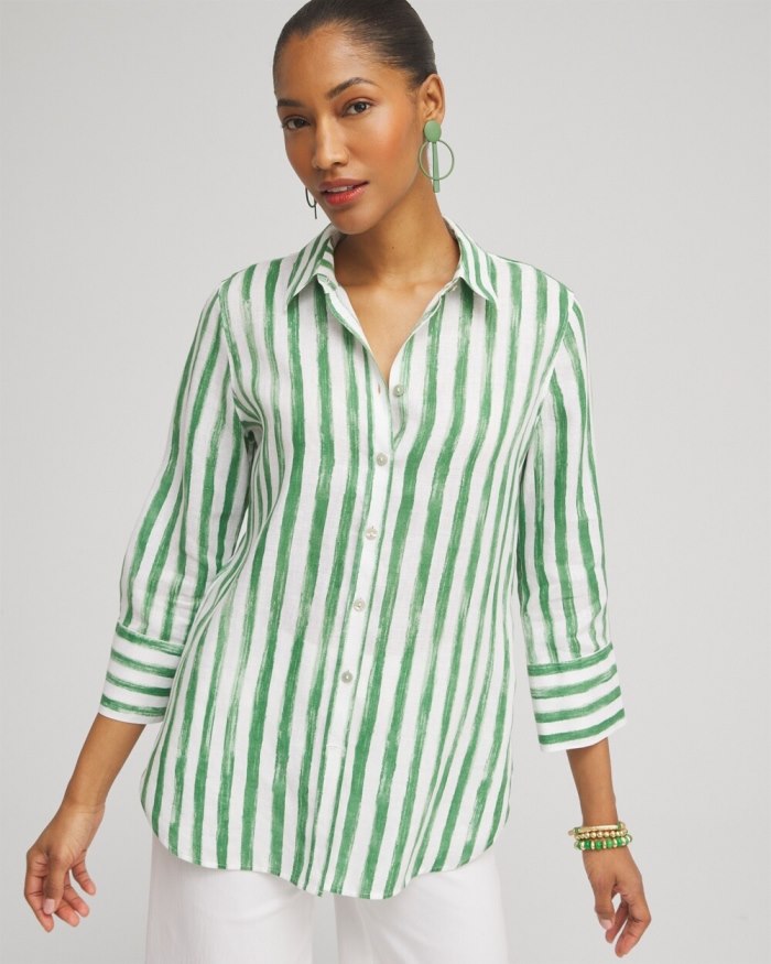 Chicos No Iron Linen Stripe 3/4 Sleeve Shirt - Verdant Green