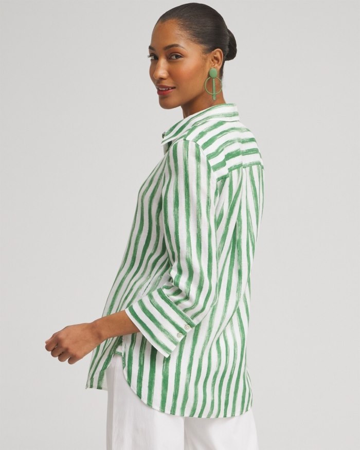 Chicos No Iron Linen Stripe 3/4 Sleeve Shirt - Verdant Green