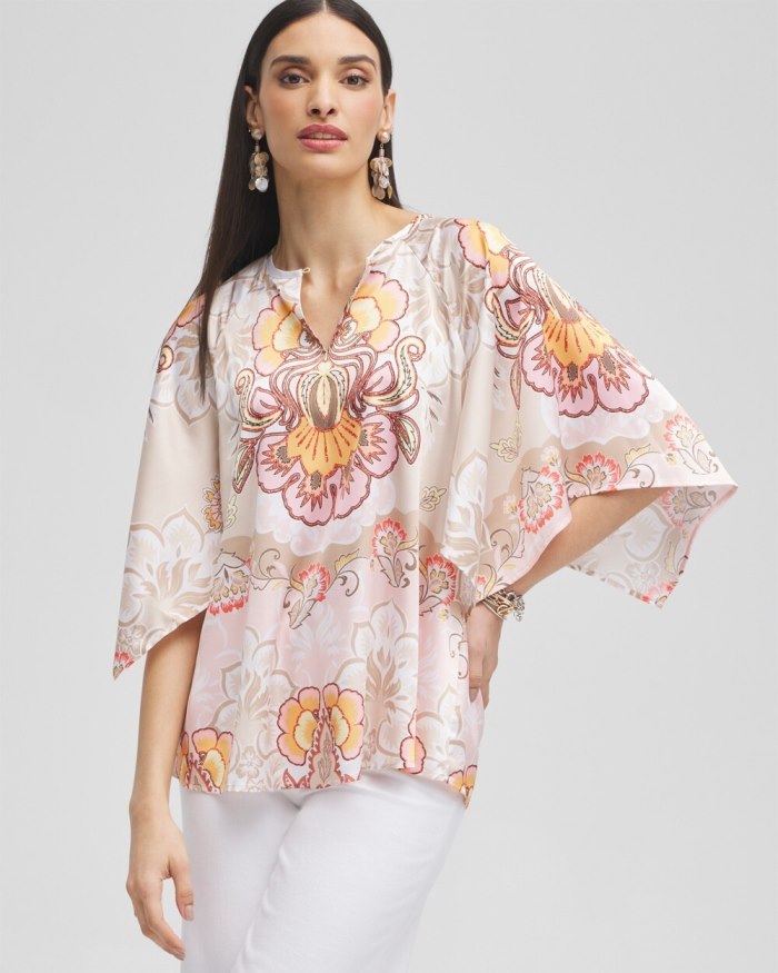 Chicos Satin Floral Keyhole Neck Blouse - Porcelain Rose