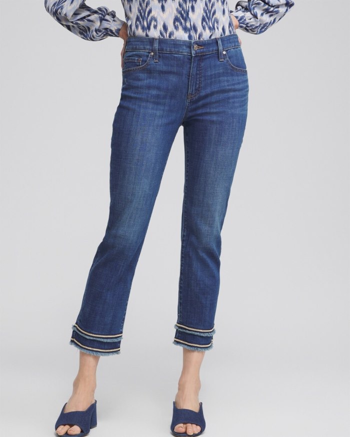 Chicos Girlfriend Embellished Hem Cropped Jeans - Blue Springs Indigo