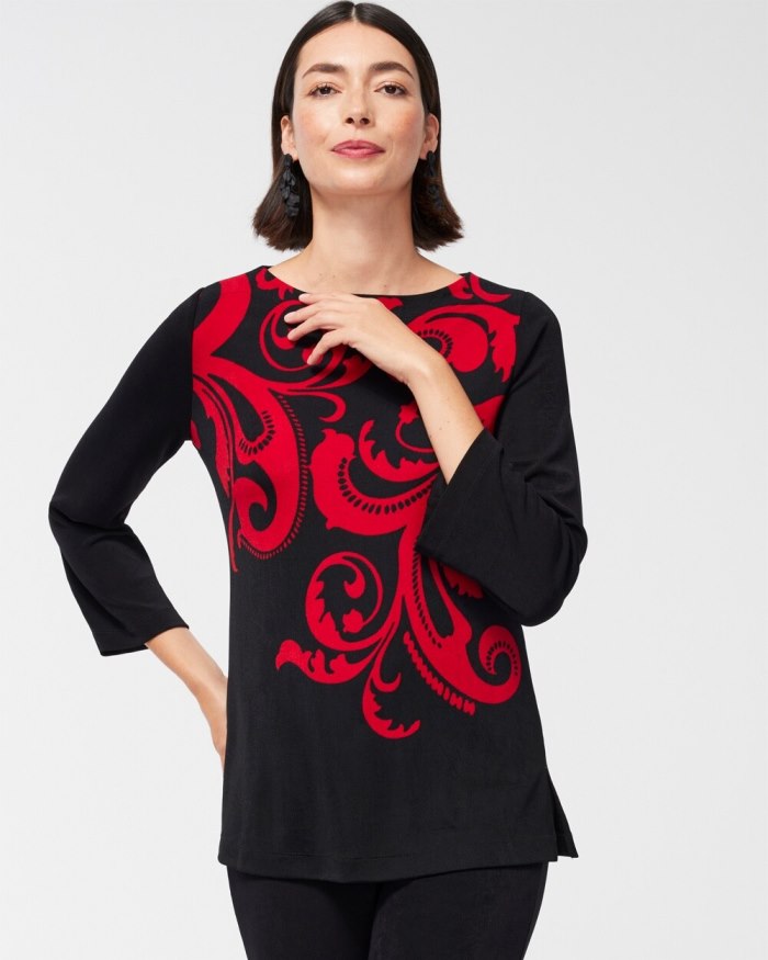 Chicos Travelers Scroll Print Bell Sleeve Tunic - Red Allure