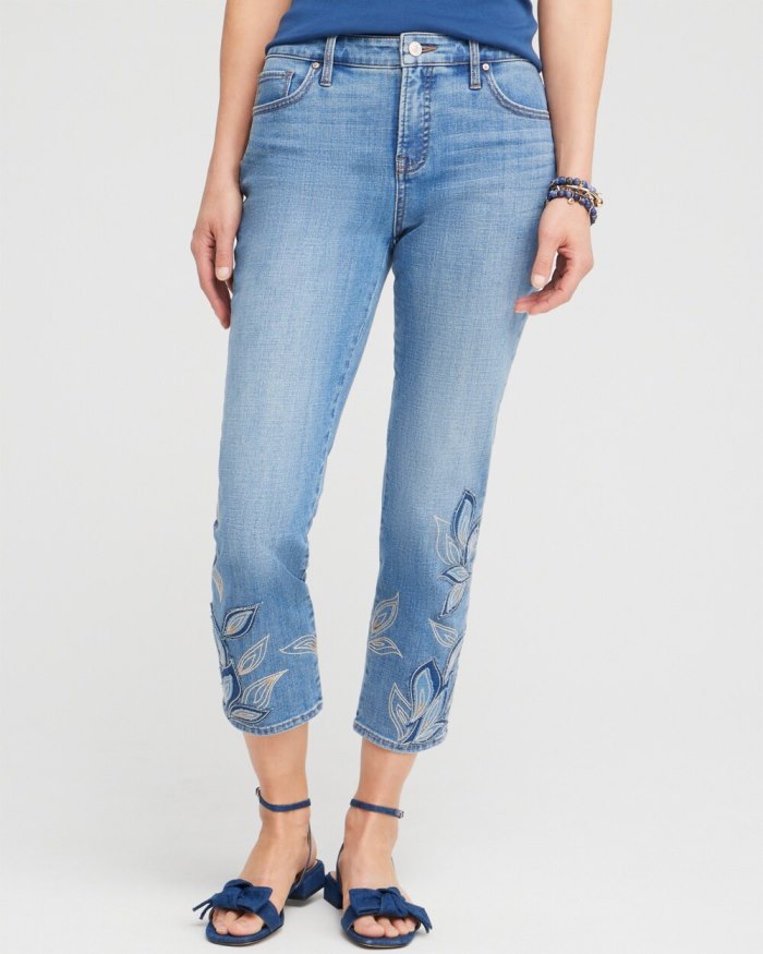 Chicos Girlfriend Tonal Applique Cropped Jeans - Oceania Indigo