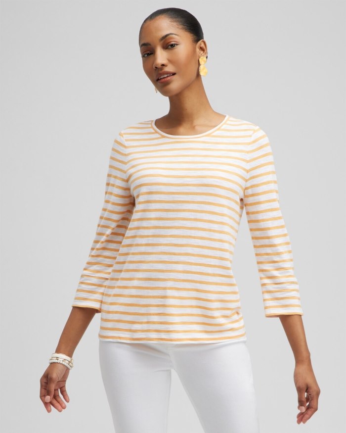 Chicos Stripe 3/4 Sleeve Button Tee - Mango Sorbet