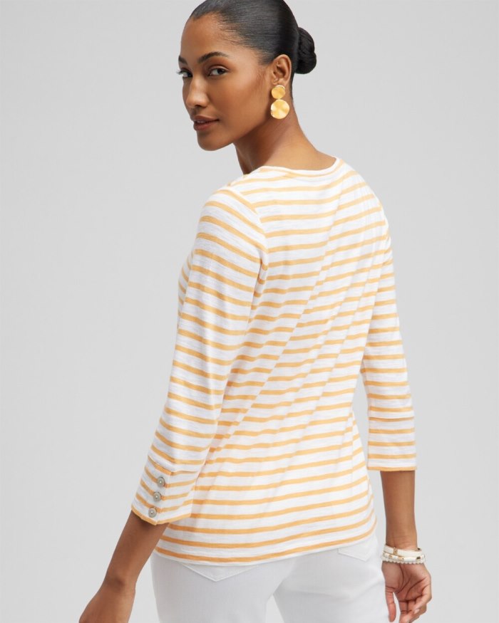 Chicos Stripe 3/4 Sleeve Button Tee - Mango Sorbet