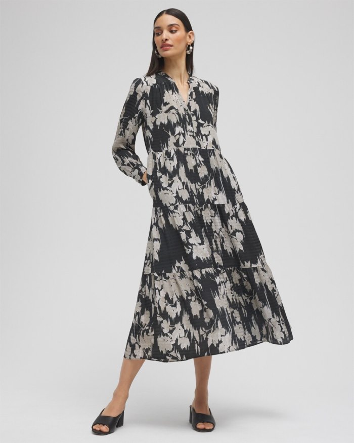 Chicos Floral Tiered Midi Dress - Black