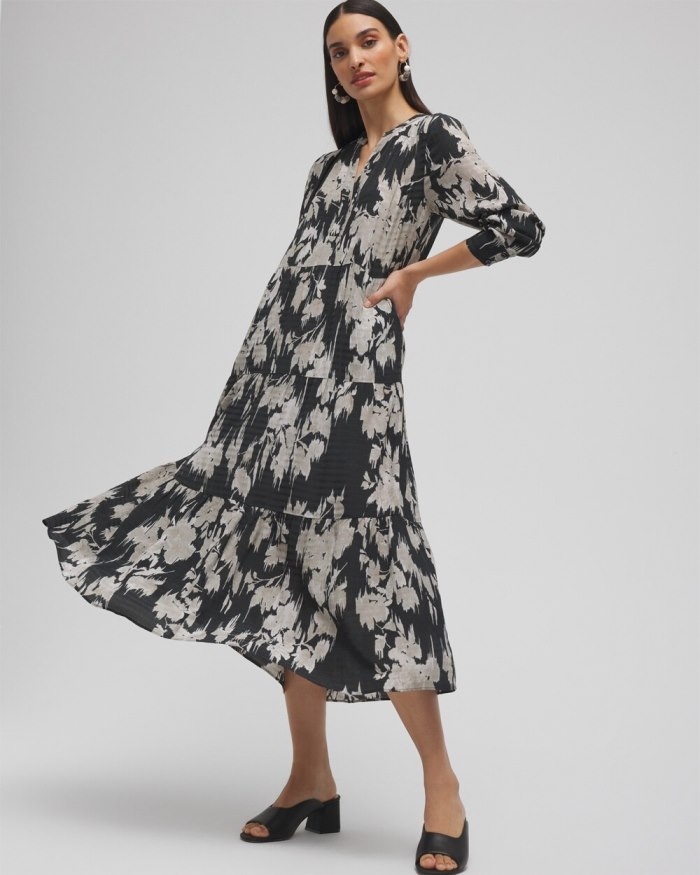 Chicos Floral Tiered Midi Dress - Black