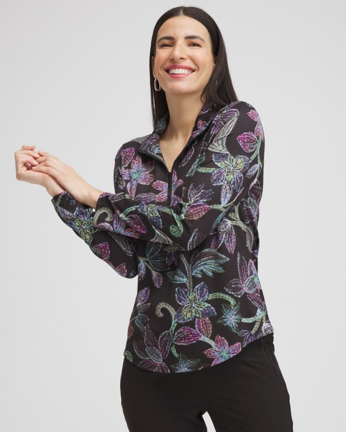 Chicos Zenergy UPF Floral Long Sleeve Top - Black