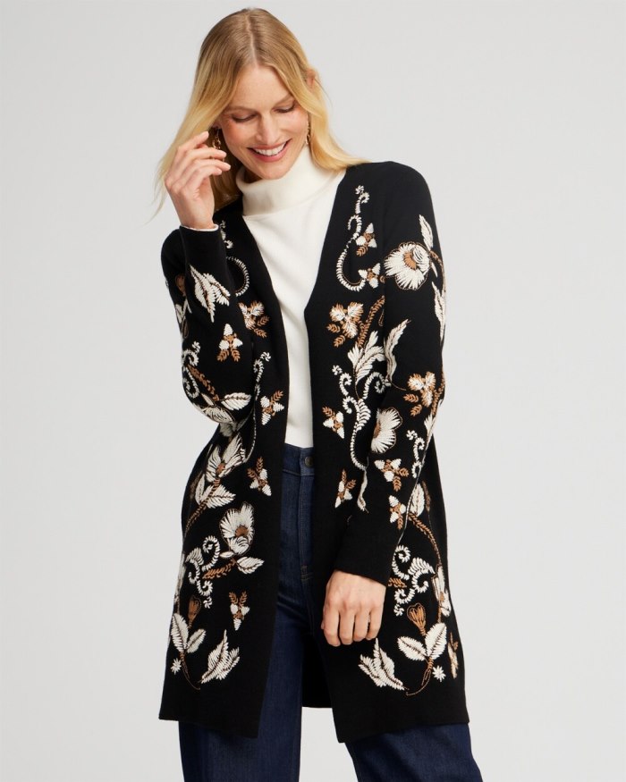 Chicos Embroidered Cardigan - Black