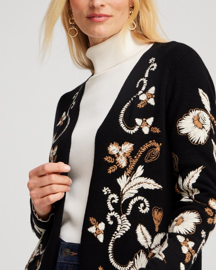 Chicos Embroidered Cardigan - Black