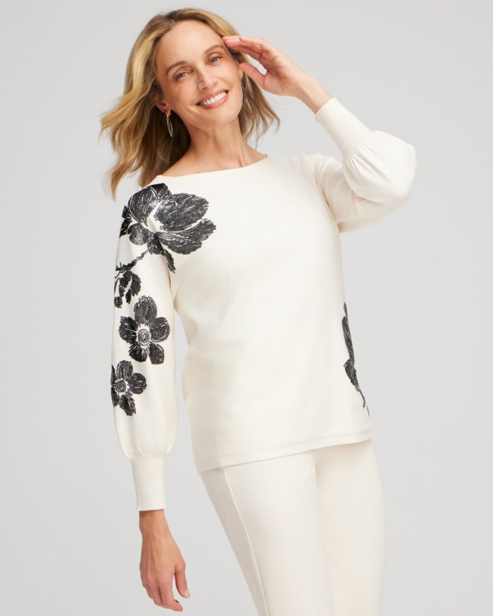 Chicos Sequin Floral Pullover Sweater - English Cream