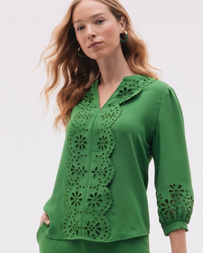 Chicos Satin Eyelet Top - Verdant Green