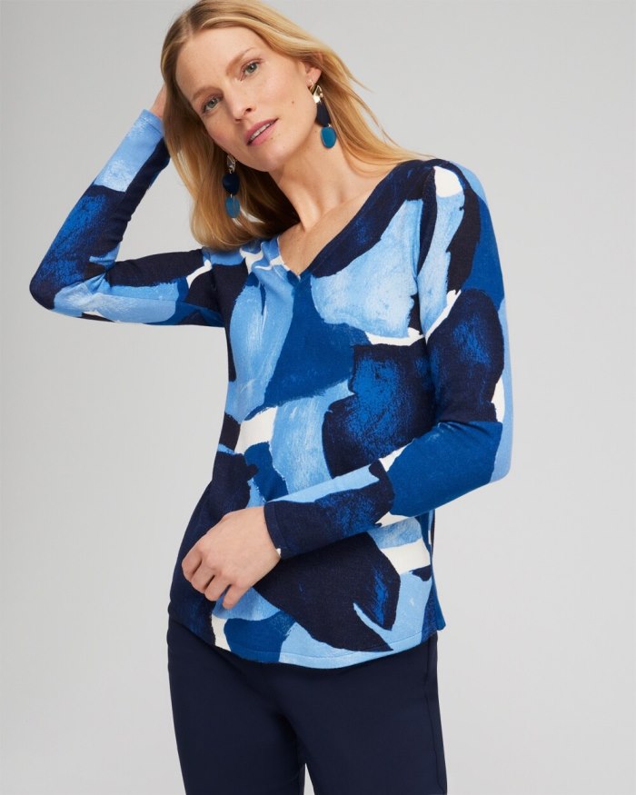 Chicos Spun Rayon Abstract V-neck Pullover - Classic Navy