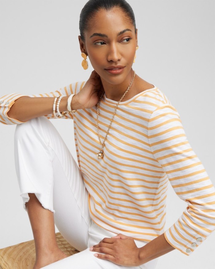 Chicos Stripe 3/4 Sleeve Button Tee - Mango Sorbet