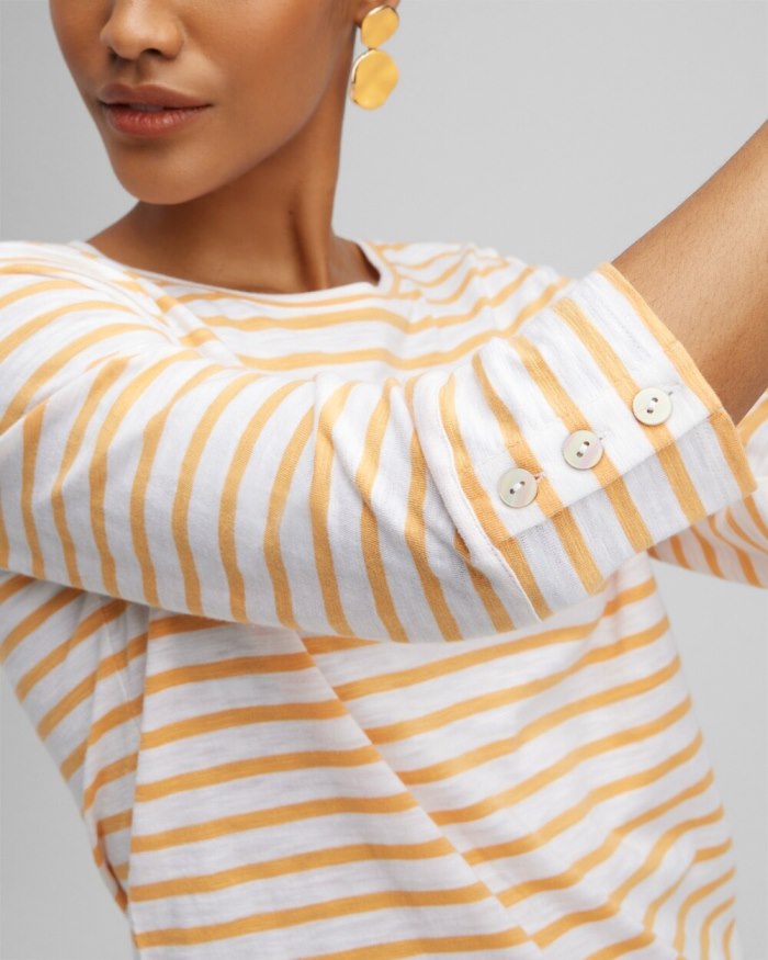 Chicos Stripe 3/4 Sleeve Button Tee - Mango Sorbet