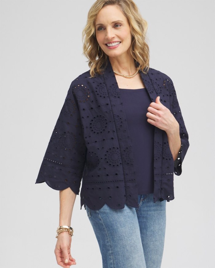 Chicos Eyelet Short Kimono - Classic Navy