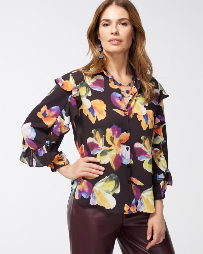 Chicos Chiffon Botanical Shirt - Black