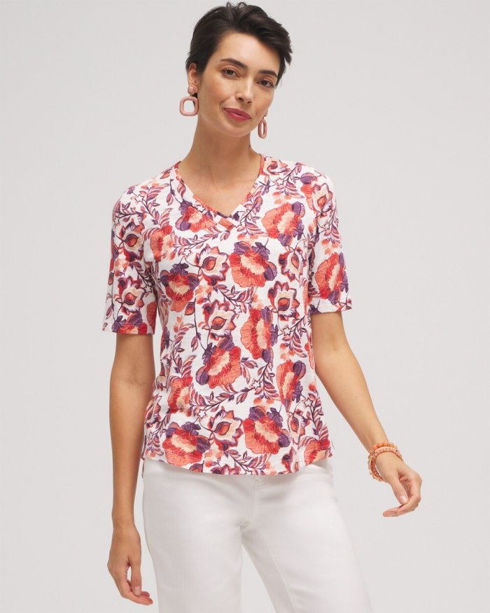 Chicos Floral Elbow Sleeve A-line Tee - Alabaster