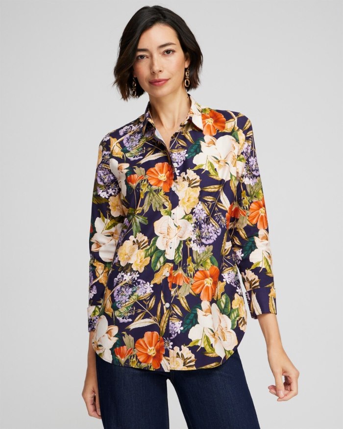 Chicos No Iron Stretch Floral Print Shirt - Dewberry