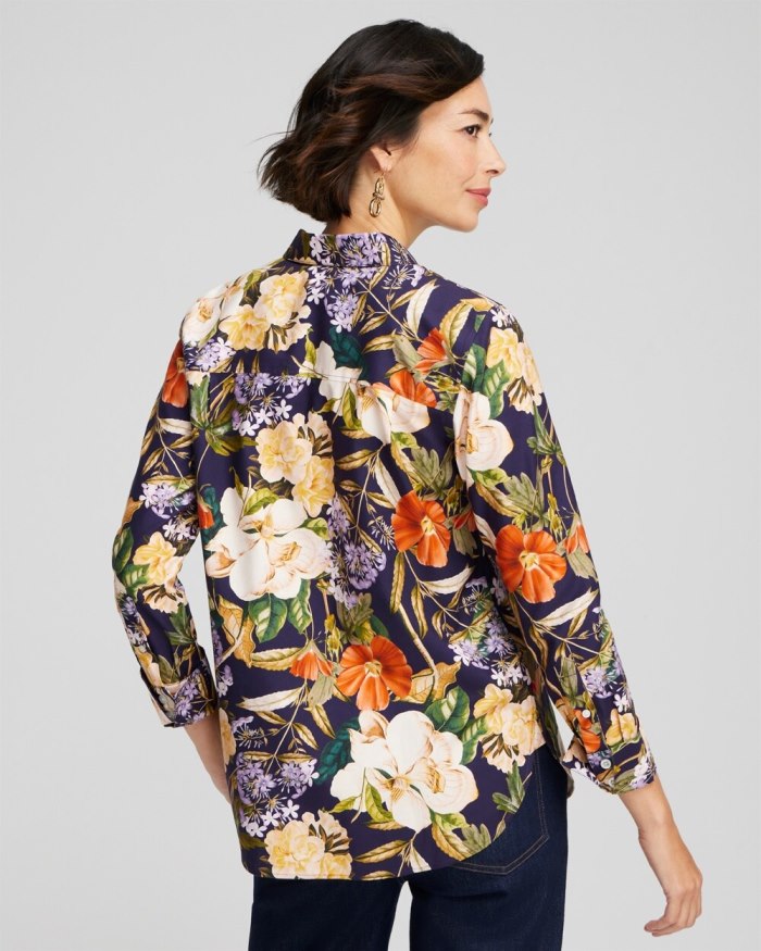 Chicos No Iron Stretch Floral Print Shirt - Dewberry