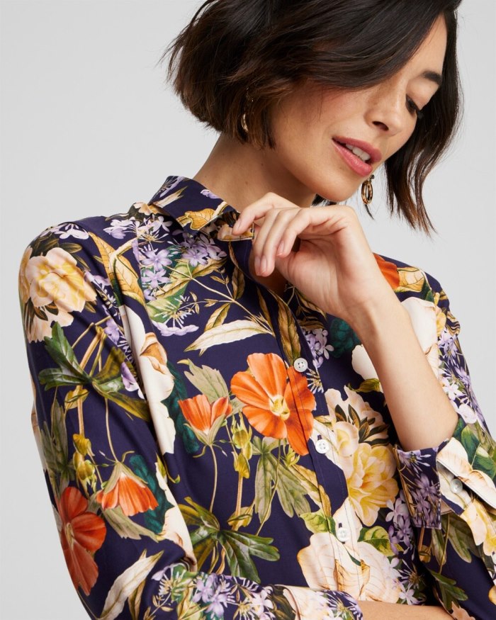 Chicos No Iron Stretch Floral Print Shirt - Dewberry