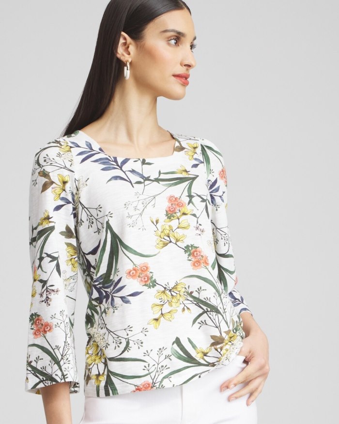 Chicos Floral Square Neck Bell Sleeve Top - Alabaster