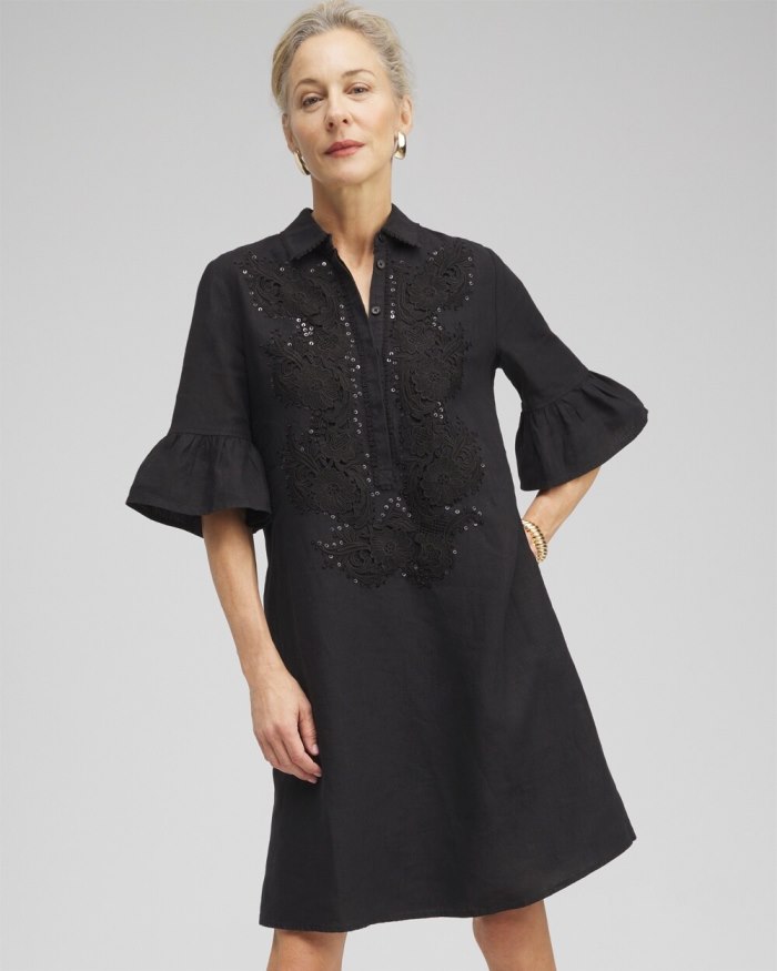 Chicos Linen Lace Applique Dress - Black