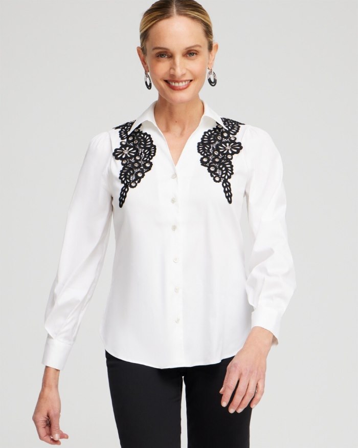 Chicos Poplin Lace Applique Shirt - Alabaster