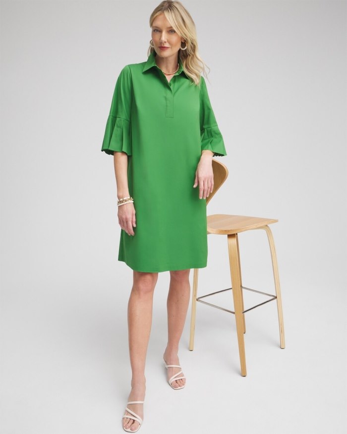 Chicos Poplin Pleat Sleeve Popover Dress - Verdant Green