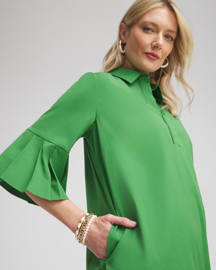 Chicos Poplin Pleat Sleeve Popover Dress - Verdant Green