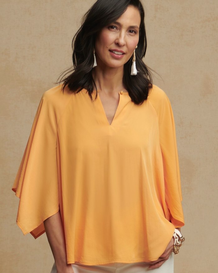 Chicos Satin Keyhole Neck Blouse - Mango Sorbet