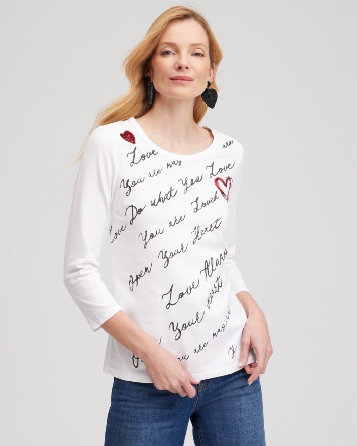 Chicos Embroidered Love Note Tee - Alabaster