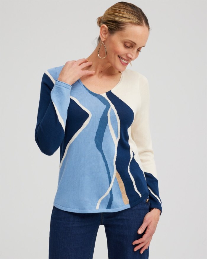 Chicos Spun Rayon Intarsia V-neck Pullover - Azores Blue