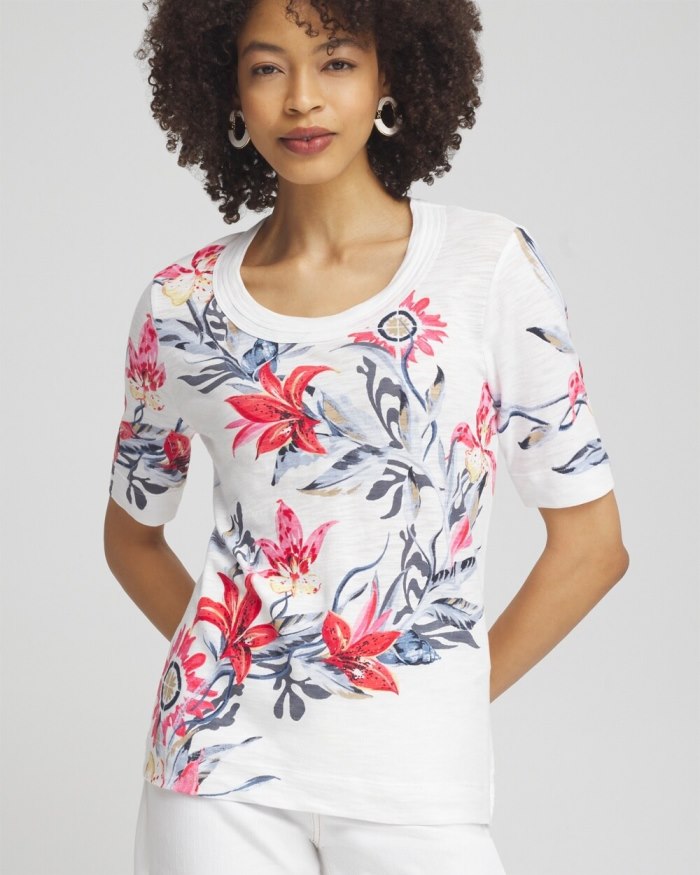 Chicos Floral Scoop Neck Tee - Alabaster