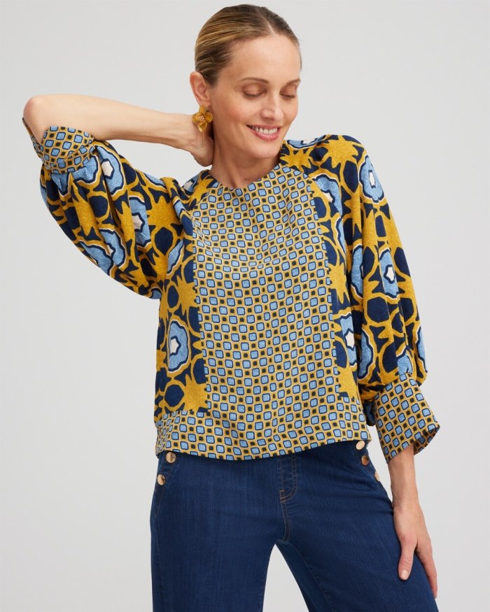 Chicos Geometric Print Pintuck Top - Blue Echo