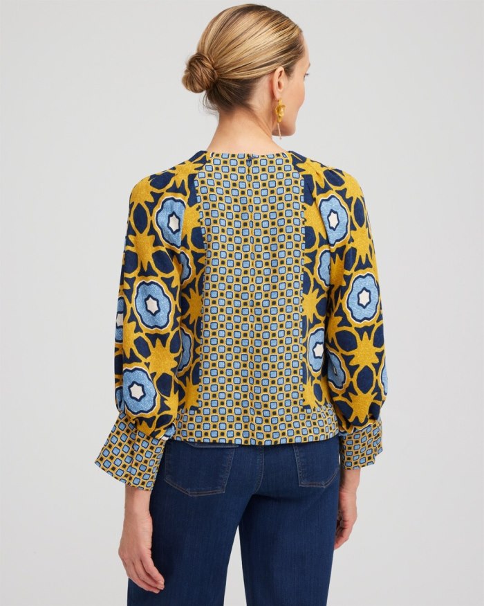 Chicos Geometric Print Pintuck Top - Blue Echo