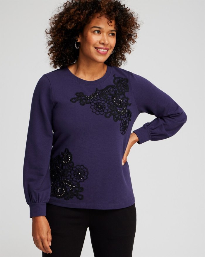 Chicos Zenergy French Terry Applique Sweatshirt - Dewberry