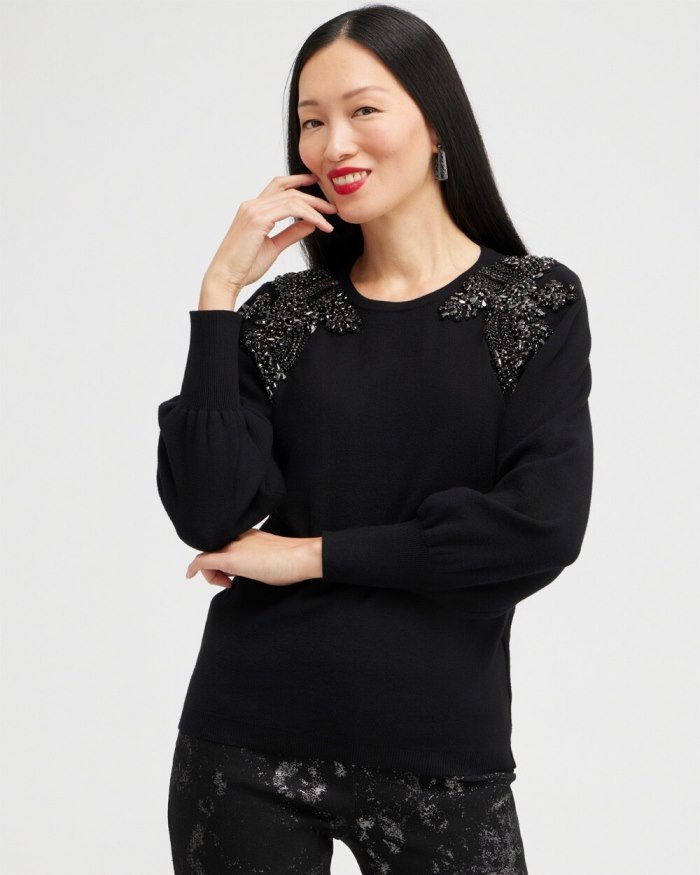 Chicos Gem Embellished Pullover Sweater - Black