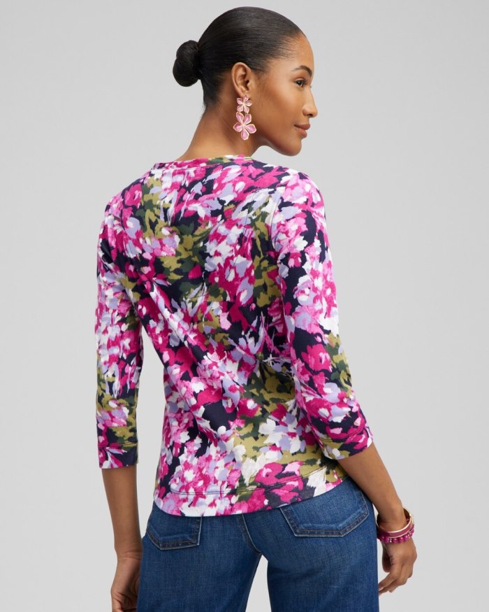 Chicos Floral Everyday 3/4 Sleeve Tee - Magenta Rose