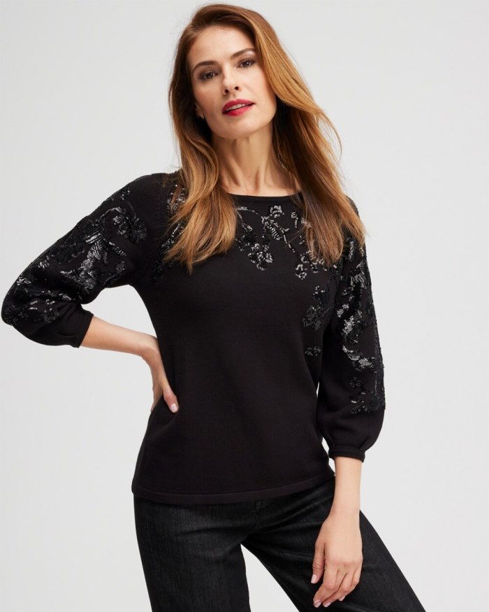 Chicos Sequin Floral Pullover Sweater - Black