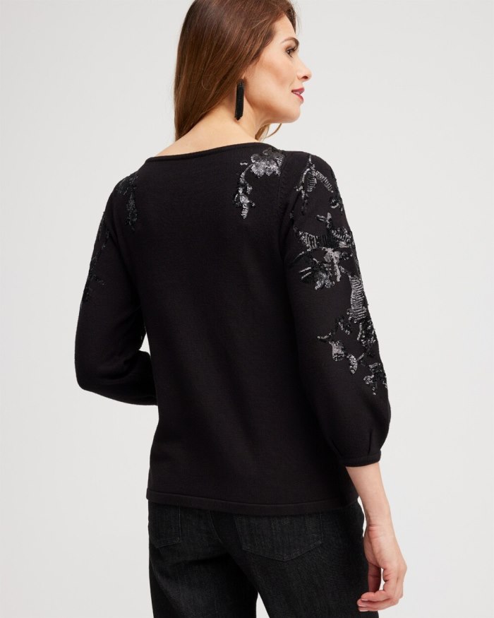 Chicos Sequin Floral Pullover Sweater - Black