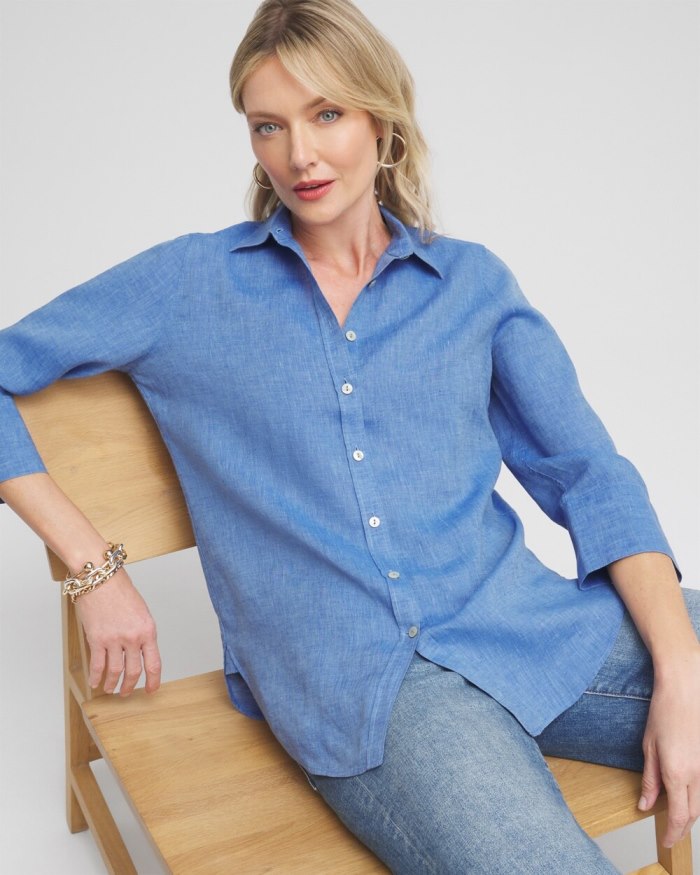 Chicos No Iron Linen 3/4 Sleeve Shirt - Indigo