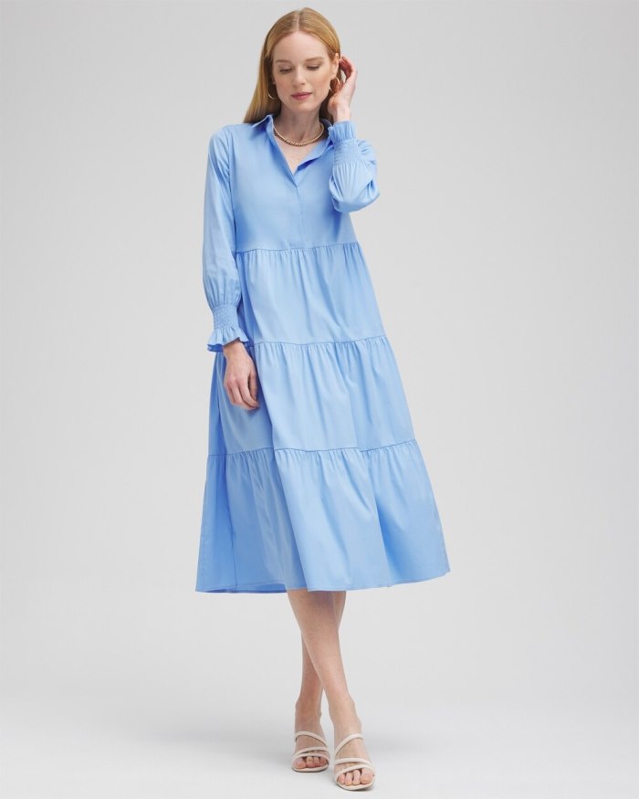 Chicos Poplin Tiered Shirt Dress - Blue Veil