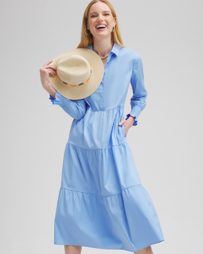 Chicos Poplin Tiered Shirt Dress - Blue Veil