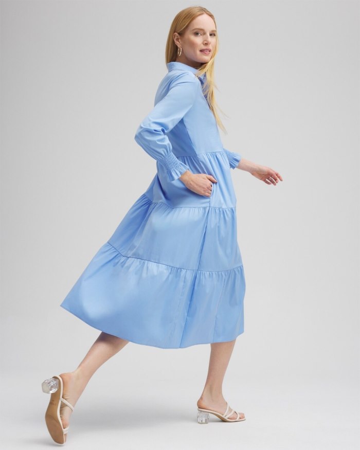 Chicos Poplin Tiered Shirt Dress - Blue Veil