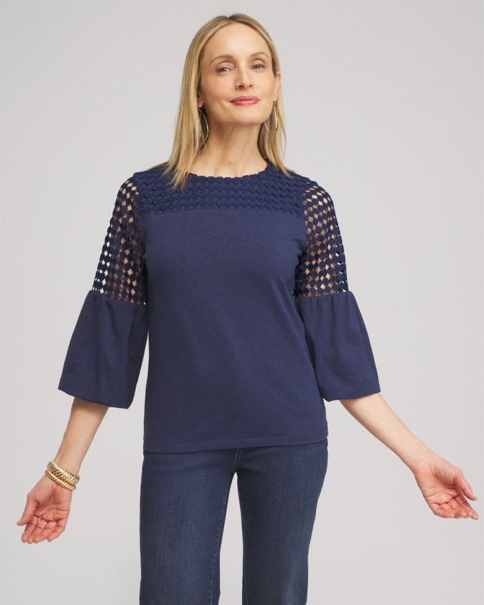 Chicos Faux Denim Lace Mix Top - Dark Denim