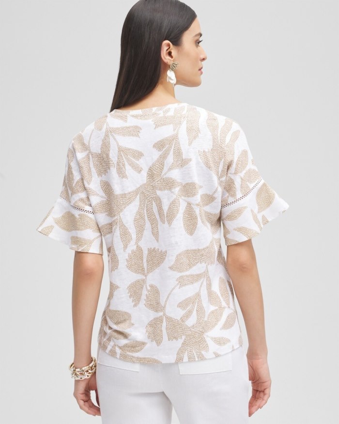 Chicos Leaves Linen Blend Flutter Sleeve Top - Sycamore