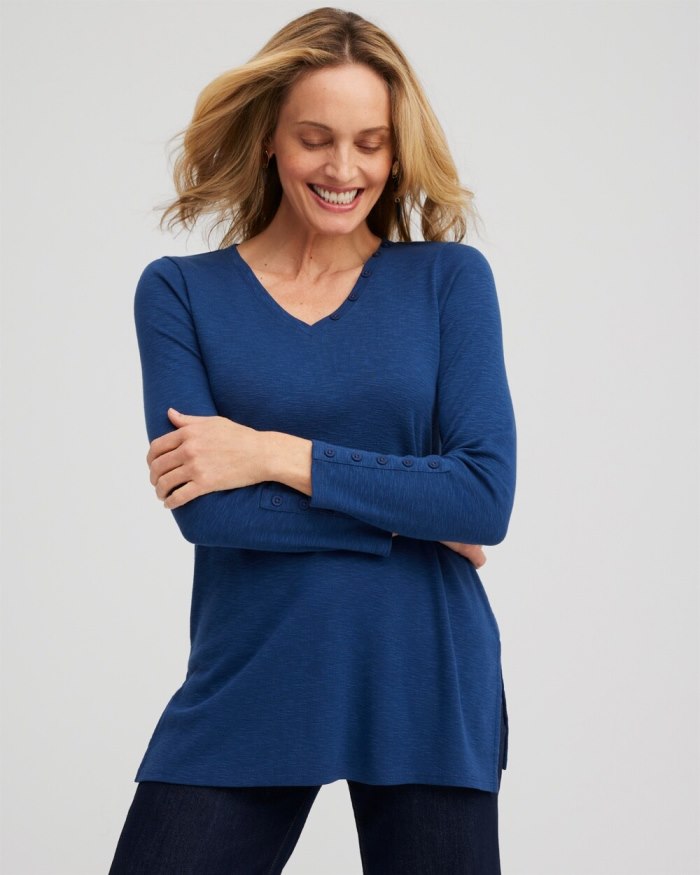 Chicos Button Detail V-neck Tunic - Azores Blue