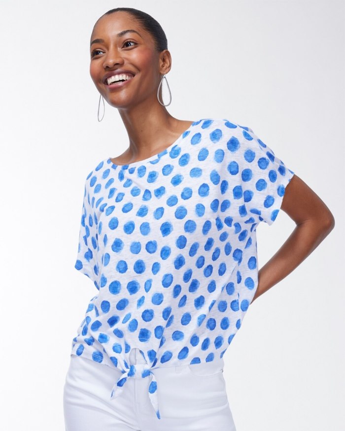 Chicos Linen Blue Dots Tie Front Tee - Poolside Blue